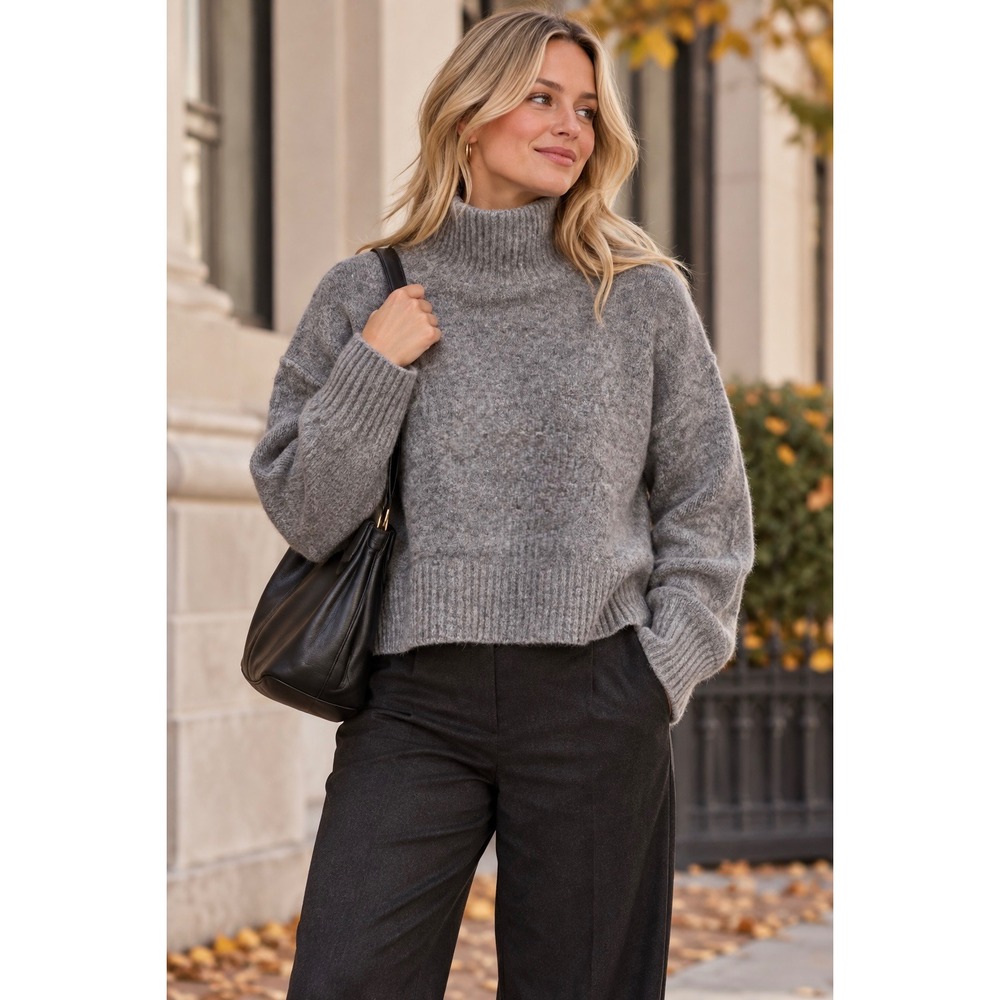 DISSH Mockneck Sweater Womens M Grey Cropped Knit Oversized Cozy Minimalist